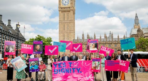 MPs and demonstrators assemble on Parliament square to support an assisted dying Bill
