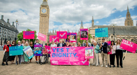 Campaigners for assisted dying on Parliament Square